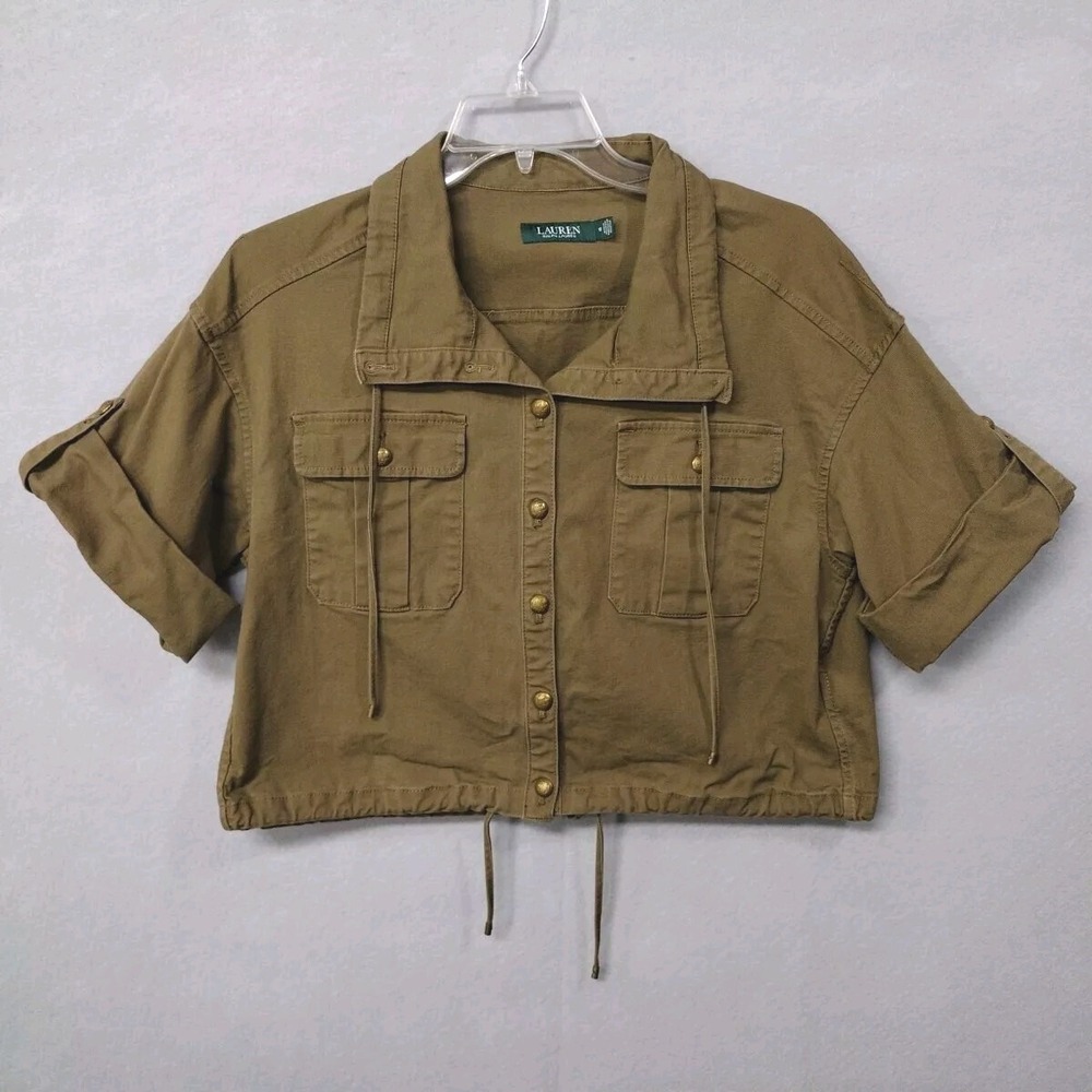 Lauren Ralph Lauren Women's 10 Denim Jacket Cropped Short Sleeve Olive Green Y2K